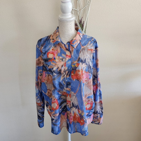 Nic+Zoe Womens Button Up Dreamscape Crinkle Shirt Size XL Multicolor Floral - Picture 1 of 11
